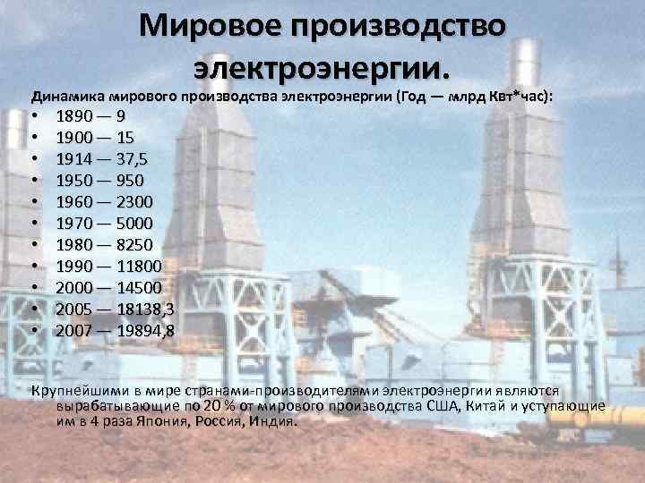 Мировое производство электроэнергии. Динамика мирового производства электроэнергии (Год — млрд Квт*час): • • •