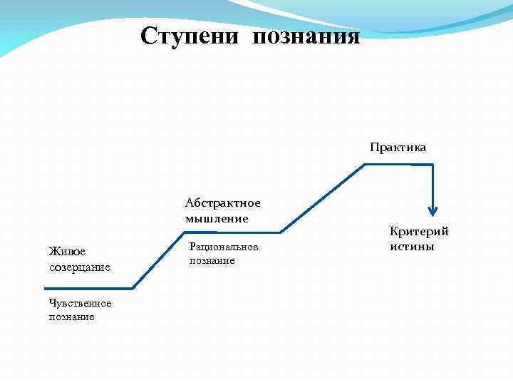 Ступени познания Практика Абстрактное мышление Живое созерцание Чувственное познание Рациональное познание Критерий истины 