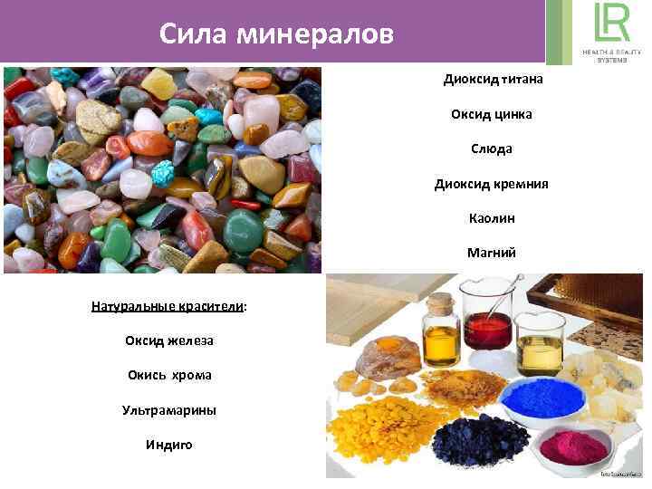 Сила минералов Диоксид титана Оксид цинка Слюда Диоксид кремния Каолин Магний Натуральные красители: Оксид