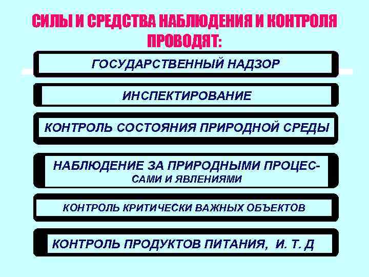 СИЛЫ И СРЕДСТВА НАБЛЮДЕНИЯ И КОНТРОЛЯ ПРОВОДЯТ: ГОСУДАРСТВЕННЫЙ НАДЗОР ИНСПЕКТИРОВАНИЕ КОНТРОЛЬ СОСТОЯНИЯ ПРИРОДНОЙ СРЕДЫ