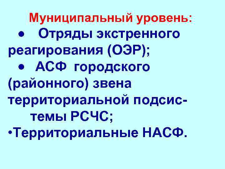 Муниципальный уровень: · Отряды экстренного реагирования (ОЭР); · АСФ городского (районного) звена территориальной подсис-