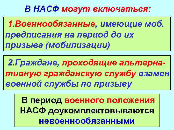 В НАСФ могут включаться: 1. Военнообязанные, имеющие моб. предписания на период до их призыва