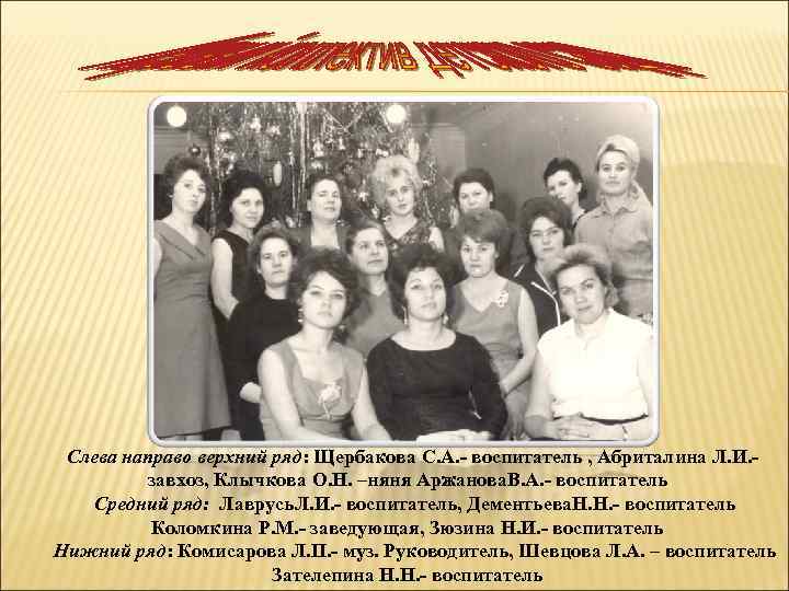 Слева направо верхний ряд: Щербакова С. А. - воспитатель , Абриталина Л. И. завхоз,
