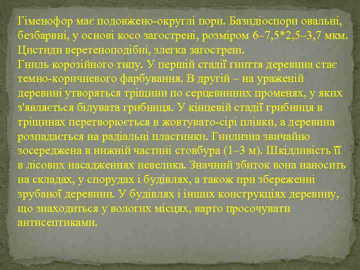 Гіменофор має подовжено-округлі пори. Базидіоспори овальні, безбарвні, у основі косо загострені, розміром 6– 7,