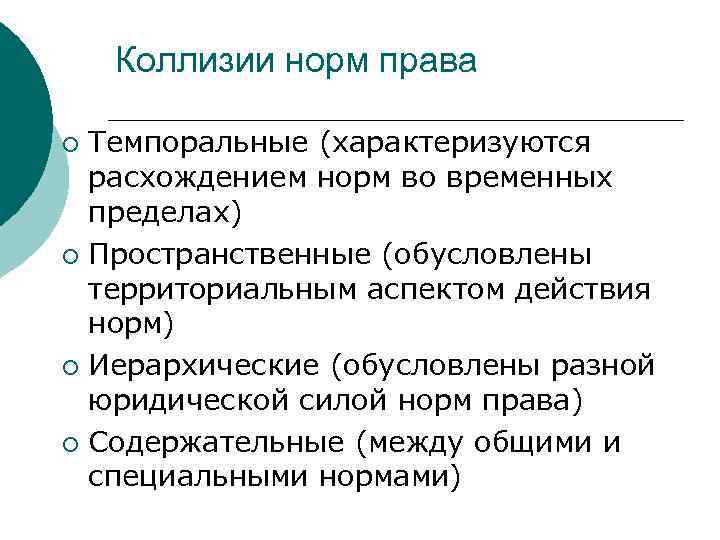 Коллизии норм права Темпоральные (характеризуются расхождением норм во временных пределах) ¡ Пространственные (обусловлены территориальным