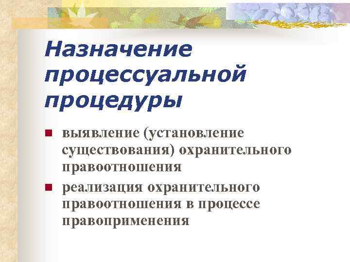 Назначение процессуальной процедуры n n выявление (установление существования) охранительного правоотношения реализация охранительного правоотношения в