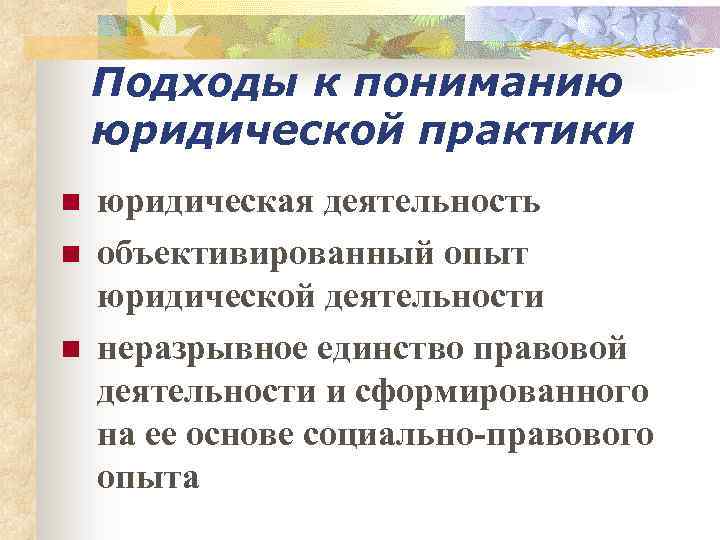 Подходы к пониманию юридической практики n n n юридическая деятельность объективированный опыт юридической деятельности