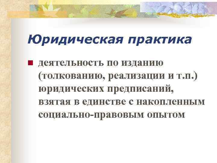 Юридическая практика n деятельность по изданию (толкованию, реализации и т. п. ) юридических предписаний,