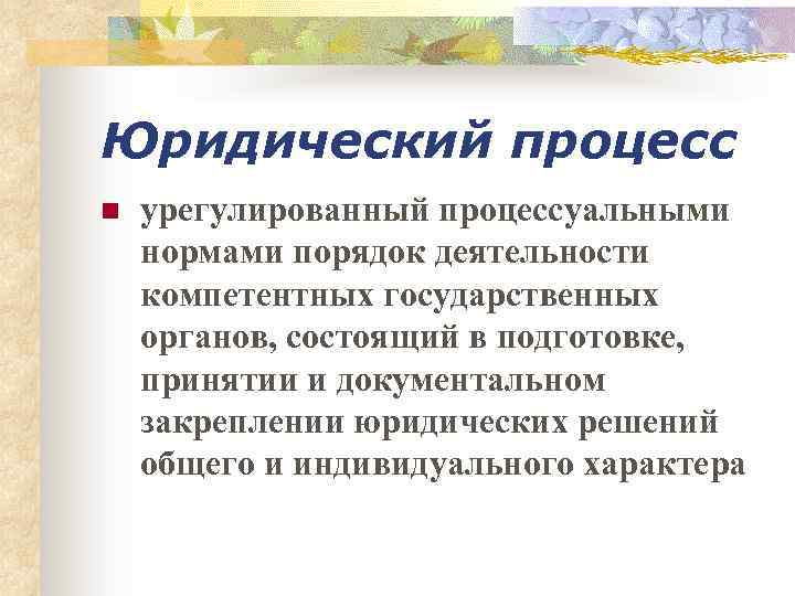 Юридический процесс n урегулированный процессуальными нормами порядок деятельности компетентных государственных органов, состоящий в подготовке,