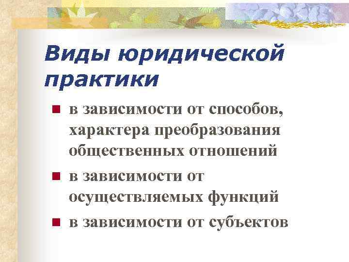 Виды юридической практики n n n в зависимости от способов, характера преобразования общественных отношений