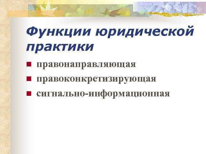 Функции юридической практики n n n правонаправляющая правоконкретизирующая сигнально-информационная 