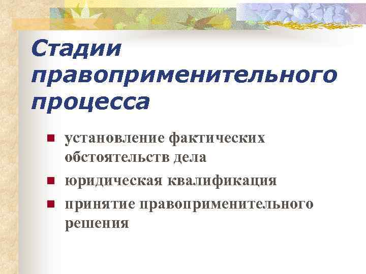 Стадии правоприменительного процесса n n n установление фактических обстоятельств дела юридическая квалификация принятие правоприменительного