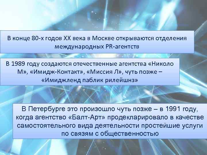 В конце 80 -х годов ХХ века в Москве открываются отделения международных PR-агентств В