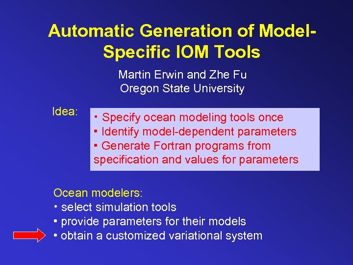 Automatic Generation of Model. Specific IOM Tools Martin Erwin and Zhe Fu Oregon State