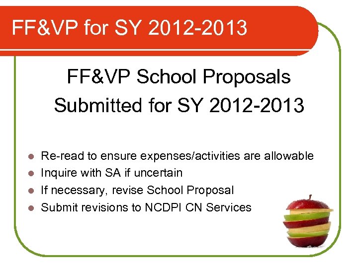 FF&VP for SY 2012 -2013 FF&VP School Proposals Submitted for SY 2012 -2013 Re-read