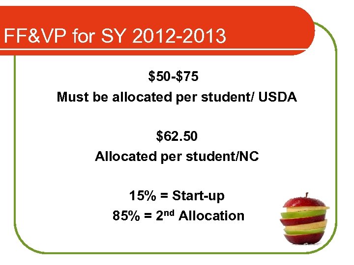 FF&VP for SY 2012 -2013 $50 -$75 Must be allocated per student/ USDA $62.