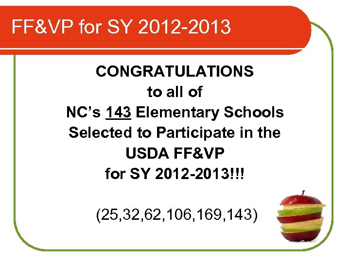 FF&VP for SY 2012 -2013 CONGRATULATIONS to all of NC’s 143 Elementary Schools Selected