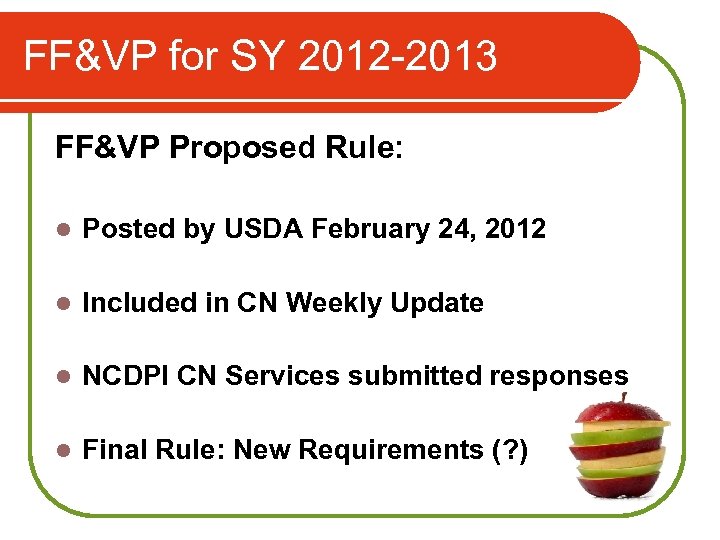 FF&VP for SY 2012 -2013 FF&VP Proposed Rule: l Posted by USDA February 24,