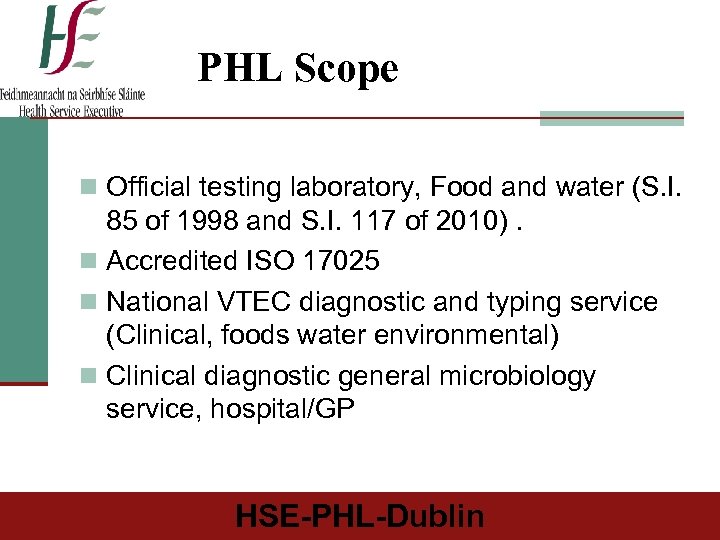 PHL Scope n Official testing laboratory, Food and water (S. I. 85 of 1998