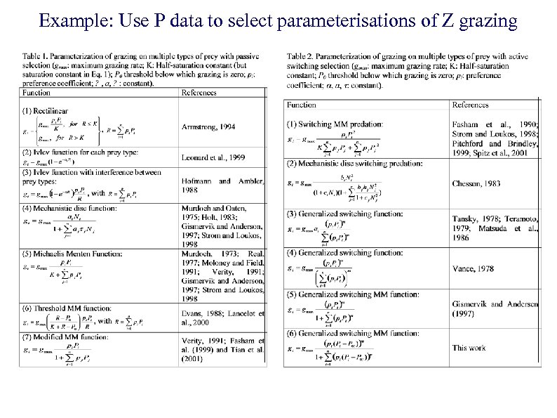 Example: Use P data to select parameterisations of Z grazing 