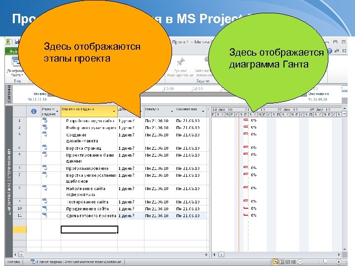Процесс планирования в MS Project 2010: Здесь отображаются этапы проекта Page 15 Здесь отображается