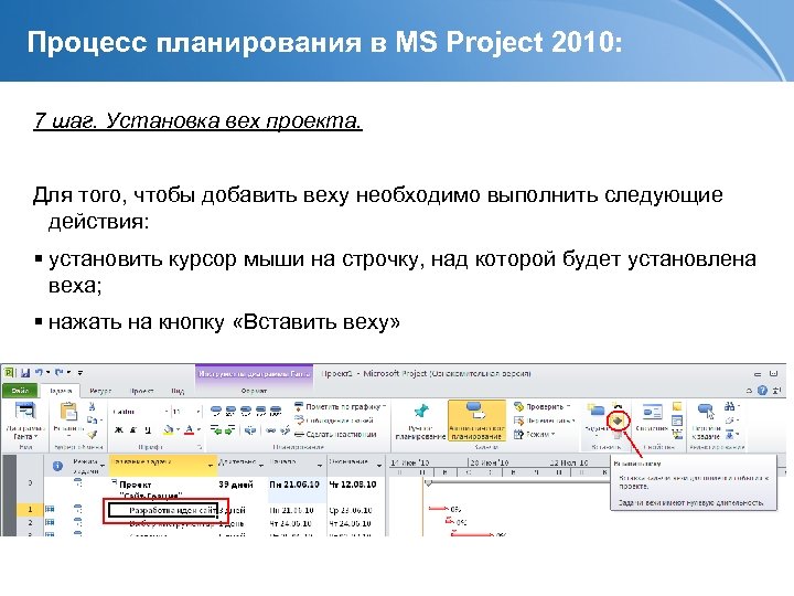 Процесс планирования в MS Project 2010: 7 шаг. Установка вех проекта. Для того, чтобы