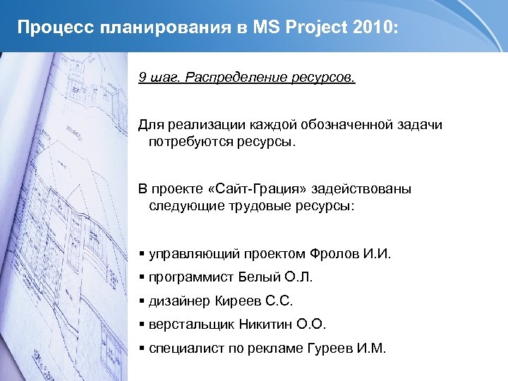 Процесс планирования в MS Project 2010: 9 шаг. Распределение ресурсов. Для реализации каждой обозначенной