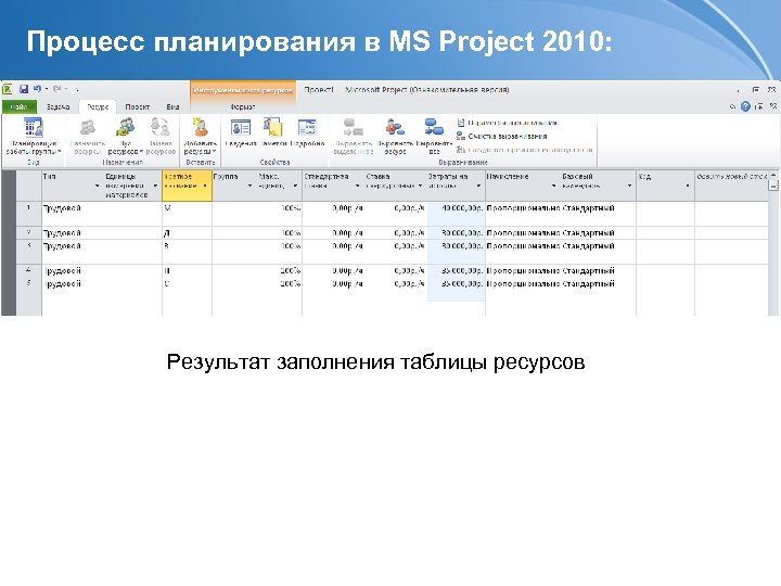 Процесс планирования в MS Project 2010: Результат заполнения таблицы ресурсов 