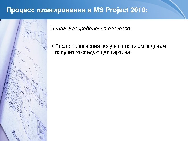Процесс планирования в MS Project 2010: 9 шаг. Распределение ресурсов. После назначения ресурсов по