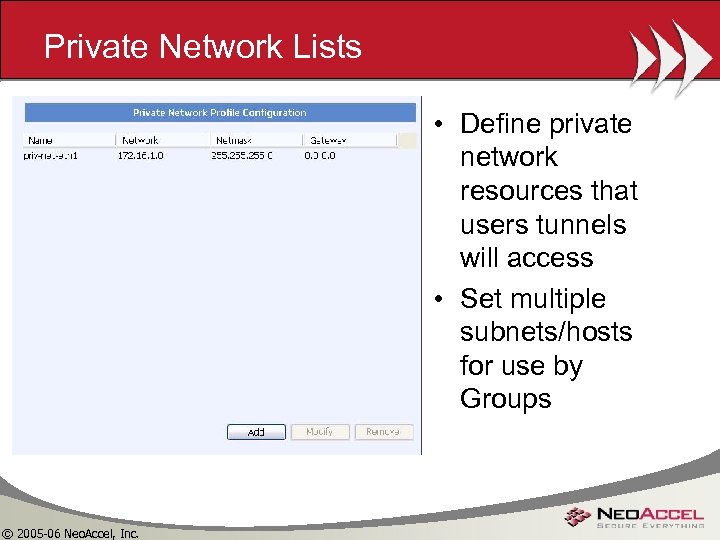 Private Network Lists • Define private network resources that users tunnels will access •