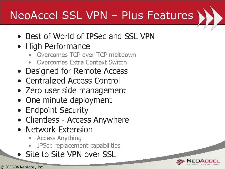 Neo. Accel SSL VPN – Plus Features • Best of World of IPSec and