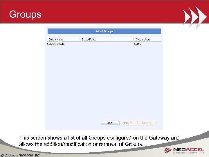 Groups This screen shows a list of all Groups configured on the Gateway and