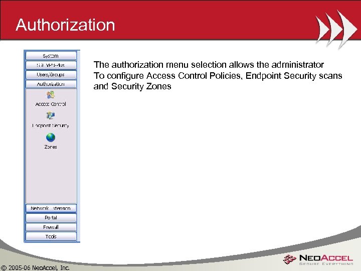 Authorization The authorization menu selection allows the administrator To configure Access Control Policies, Endpoint
