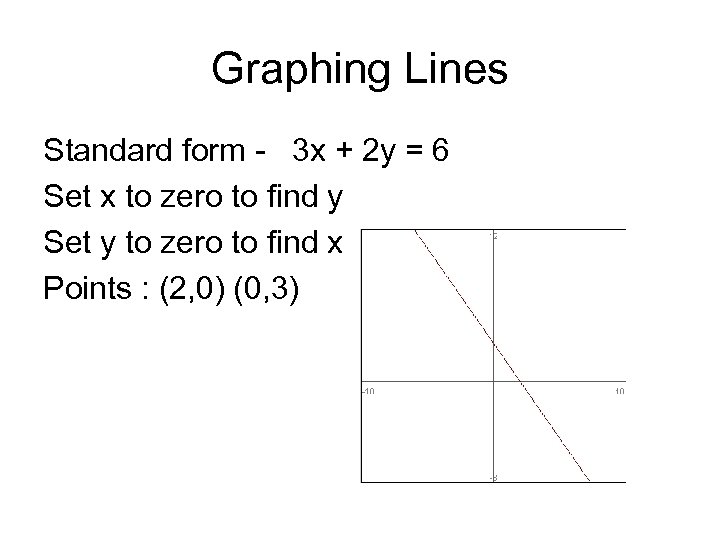 Graphing Lines Standard form - 3 x + 2 y = 6 Set x