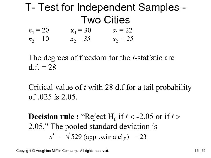 T- Test for Independent Samples Two Cities n 1 = 20 n 2 =