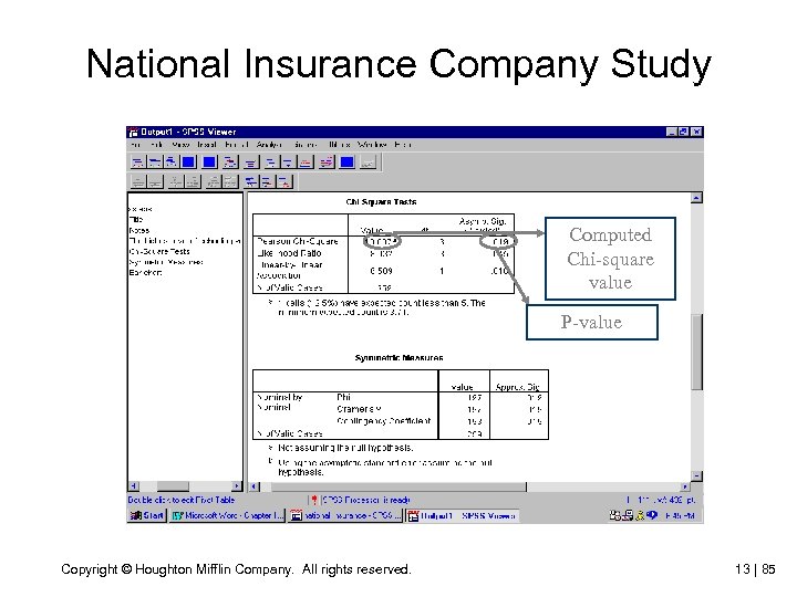 National Insurance Company Study Computed Chi-square value P-value Copyright © Houghton Mifflin Company. All