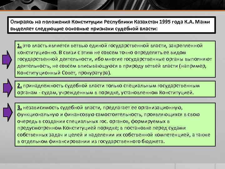 Опираясь на положения Конституции Республики Казахстан 1995 года К. А. Мами выделяет следующие основные