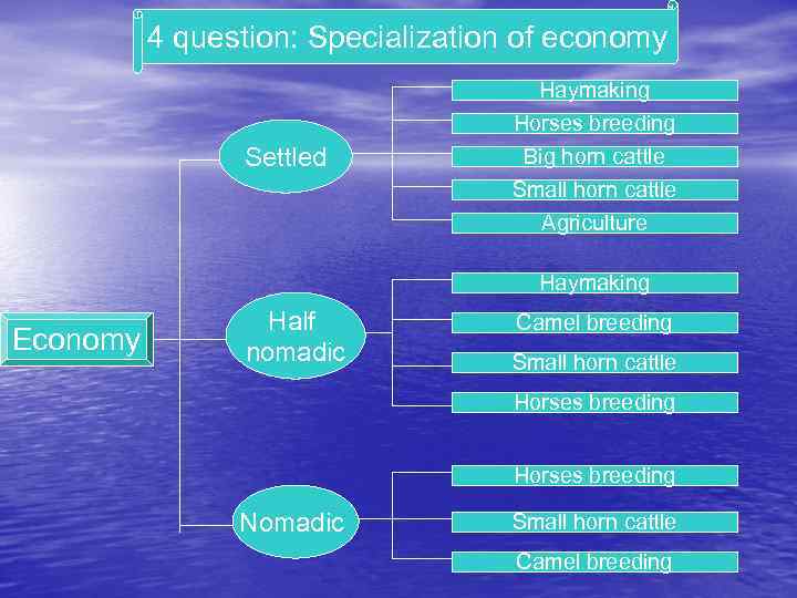 4 question: Specialization of economy Haymaking Horses breeding Settled Big horn cattle Small horn