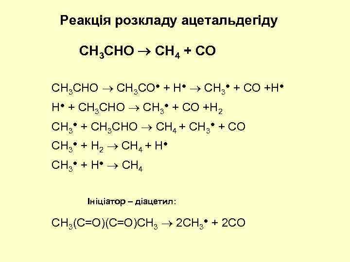 Реакція розкладу ацетальдегіду CH 3 CHO CH 4 + CO CH 3 CHO CH
