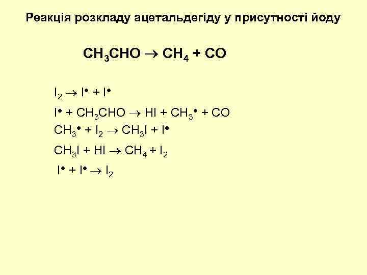 Реакція розкладу ацетальдегіду у присутності йоду CH 3 CHO CH 4 + CO I