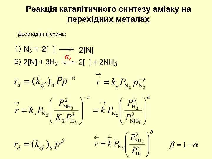 Реакція каталітичного синтезу аміаку на перехідних металах Двостадійна схема: 1) 2) K 2 