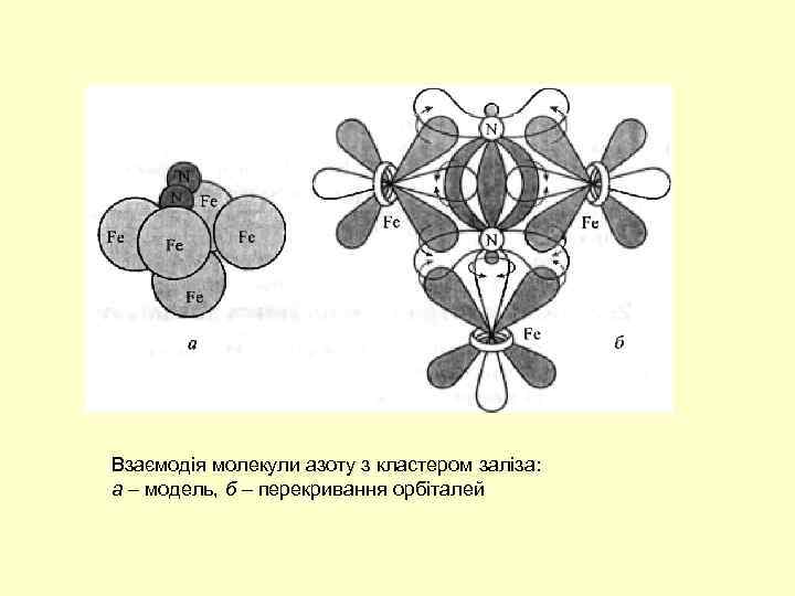 Взаємодія молекули азоту з кластером заліза: а – модель, б – перекривання орбіталей 
