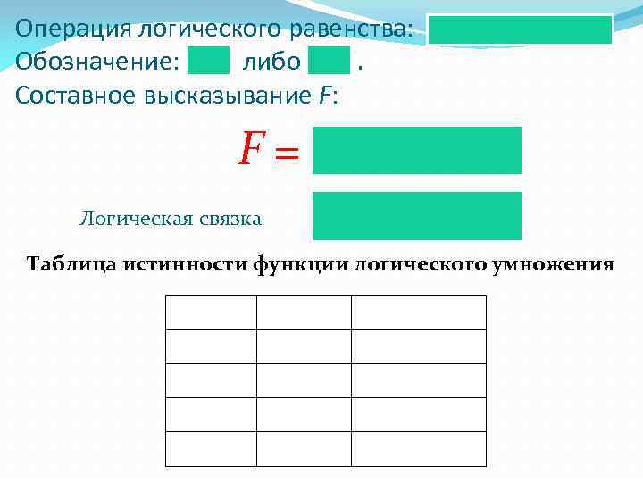 Операция логического равенства: Обозначение: либо. Составное высказывание F: F= Логическая связка Таблица истинности функции