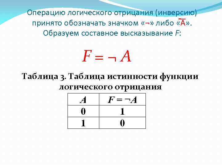 Операцию логического отрицания (инверсию) принято обозначать значком «¬» либо «A» . Образуем составное высказывание