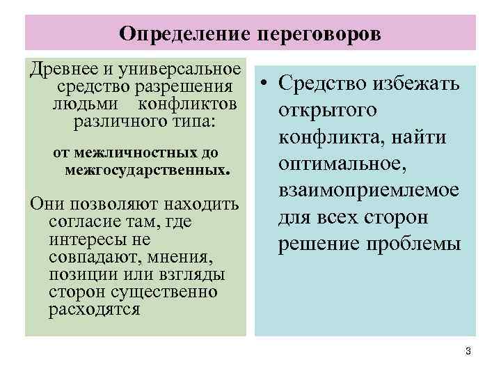 Определение переговоров Древнее и универсальное средство разрешения • Средство избежать людьми конфликтов открытого различного