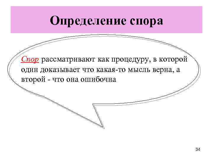 Определение спора Спор рассматривают как процедуру, в которой один доказывает что какая-то мысль верна,