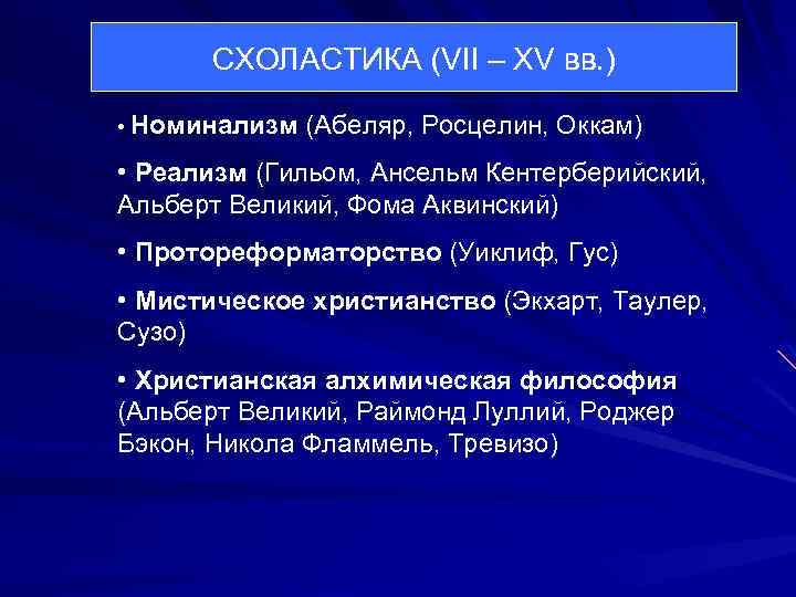 СХОЛАСТИКА (VII – XV вв. ) • Номинализм (Абеляр, Росцелин, Оккам) • Реализм (Гильом,