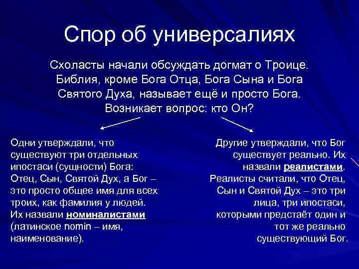 Спор об универсалиях Схоласты начали обсуждать догмат о Троице. Библия, кроме Бога Отца, Бога