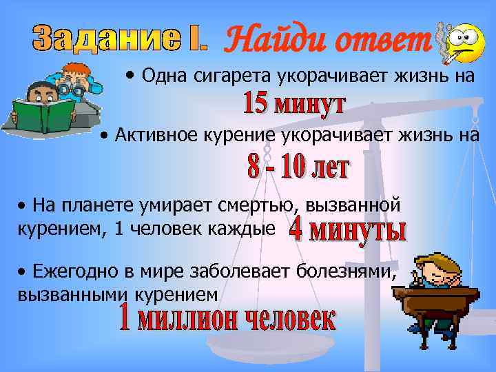 Найди ответ • Одна сигарета укорачивает жизнь на • Активное курение укорачивает жизнь на