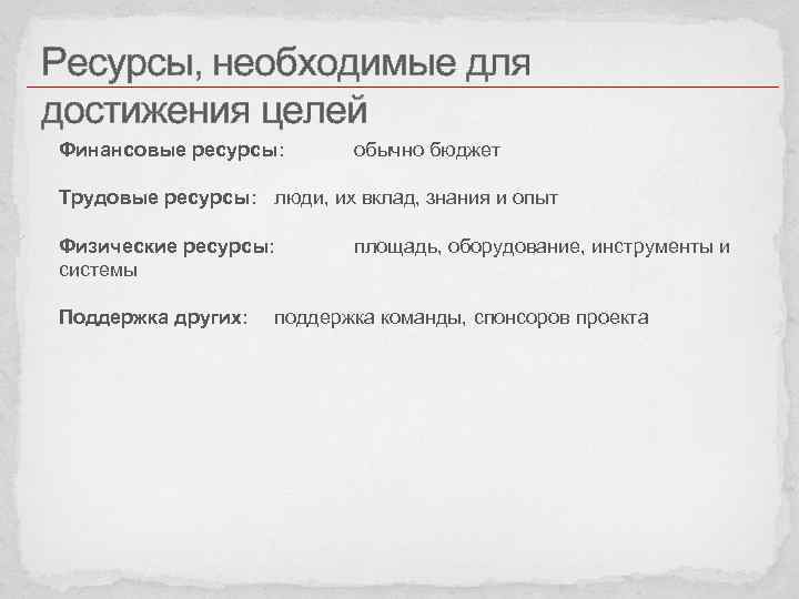 Ресурсы, необходимые для достижения целей Финансовые ресурсы: обычно бюджет Трудовые ресурсы: люди, их вклад,